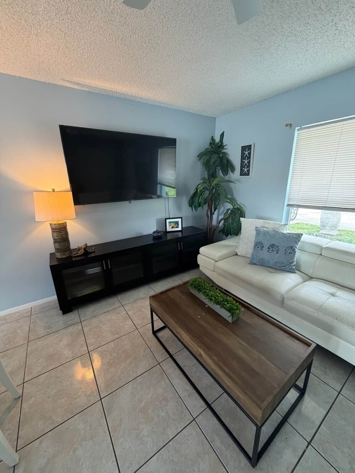 A living room with a flat-screen TV, a sofa, a coffee table, and a potted plant.