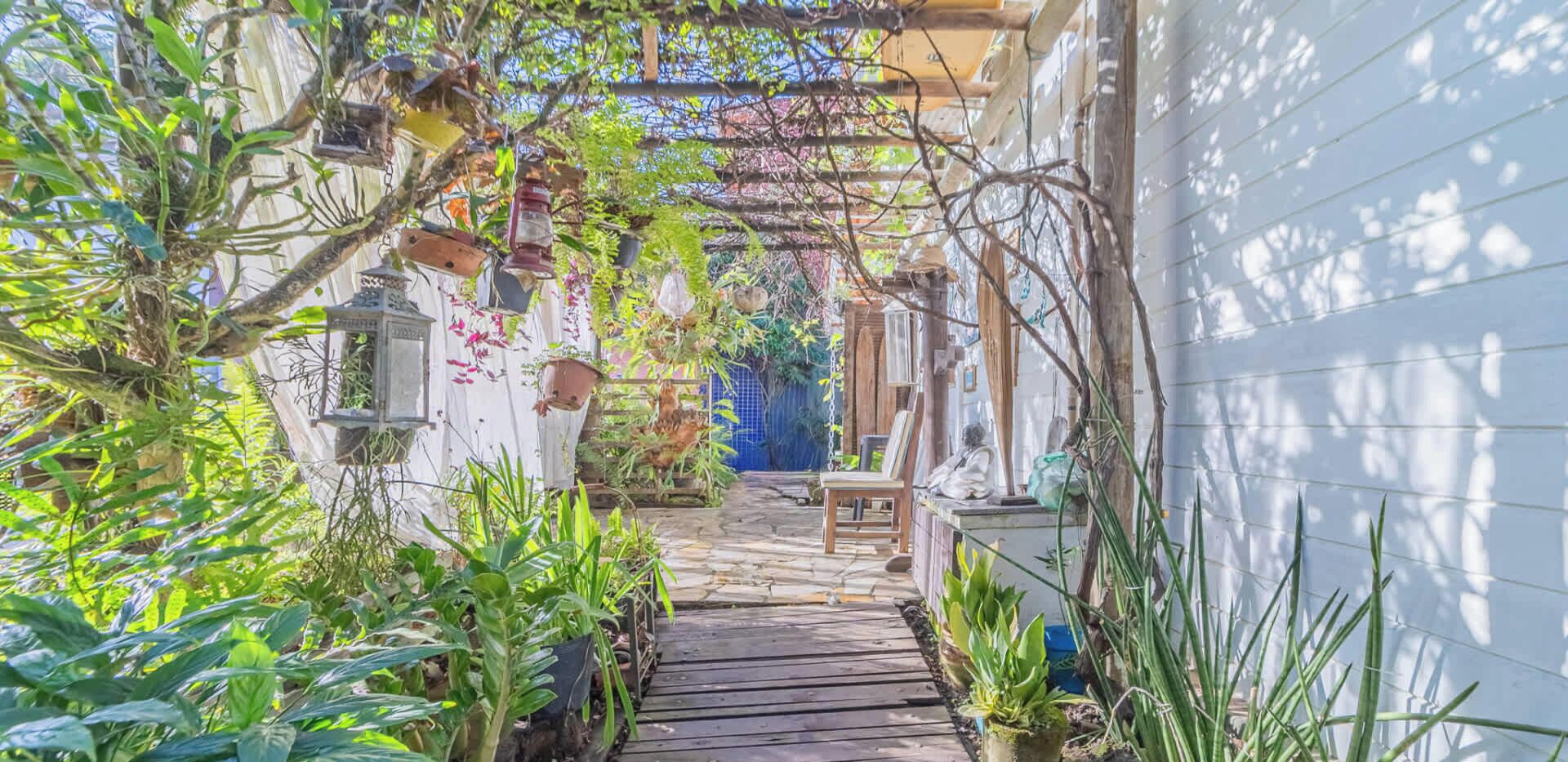 Un étroit sentier en bois traverse un jardin où poussent différentes espèces de plantes, et un banc y est installé.