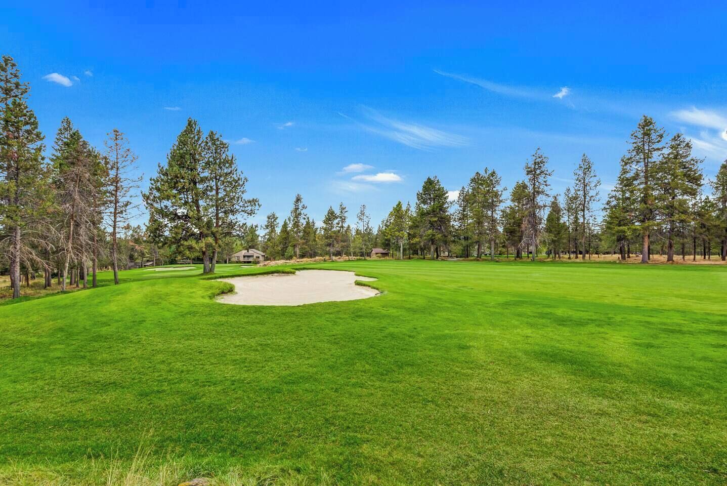 A golf course with a sand bunker, trees, and a clear sky.