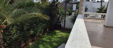 Un espace extérieur aménagé avec une surface pavée, un mur blanc et un palmier.