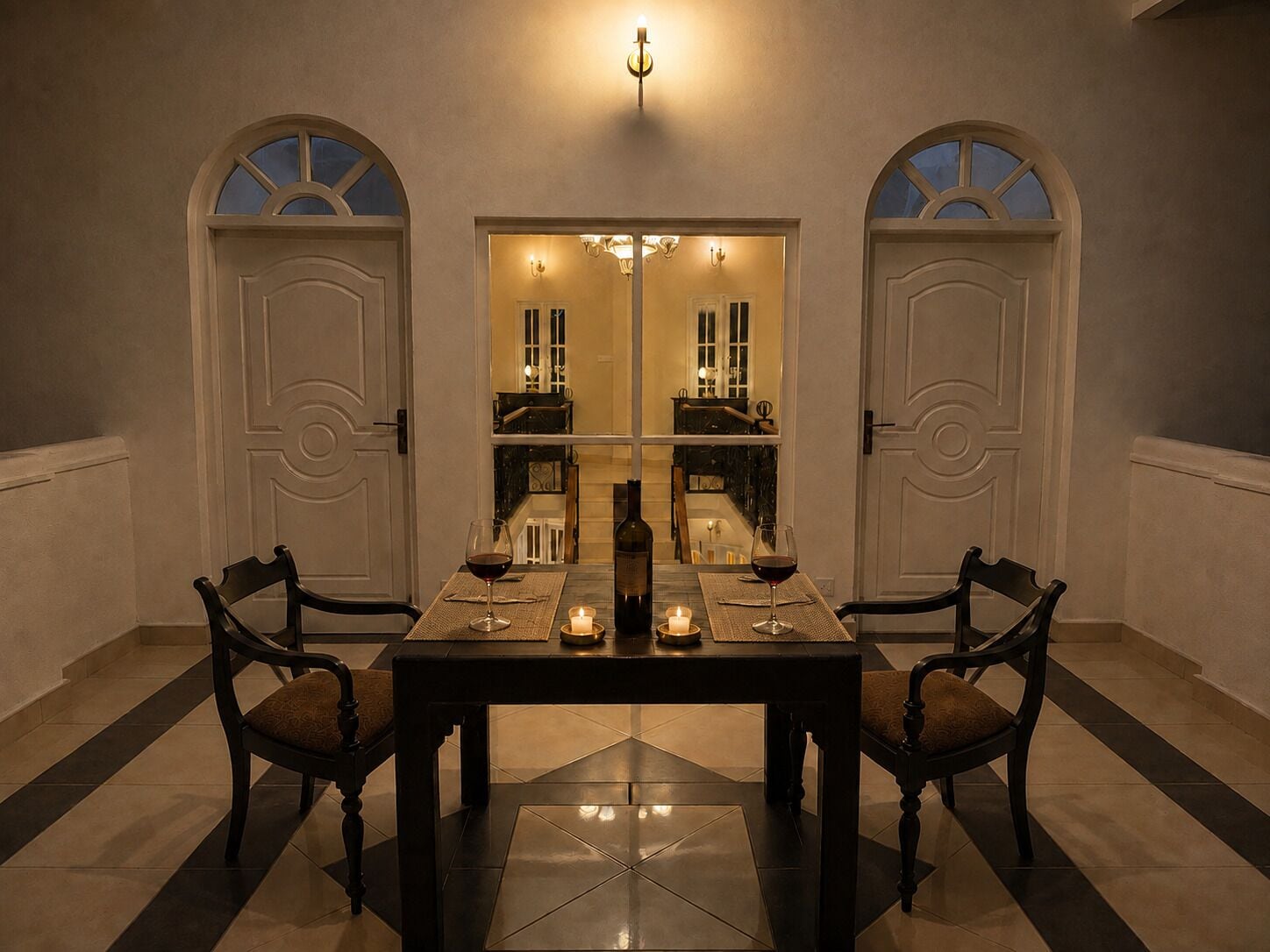 Un comedor con una mesa, sillas y una vela.