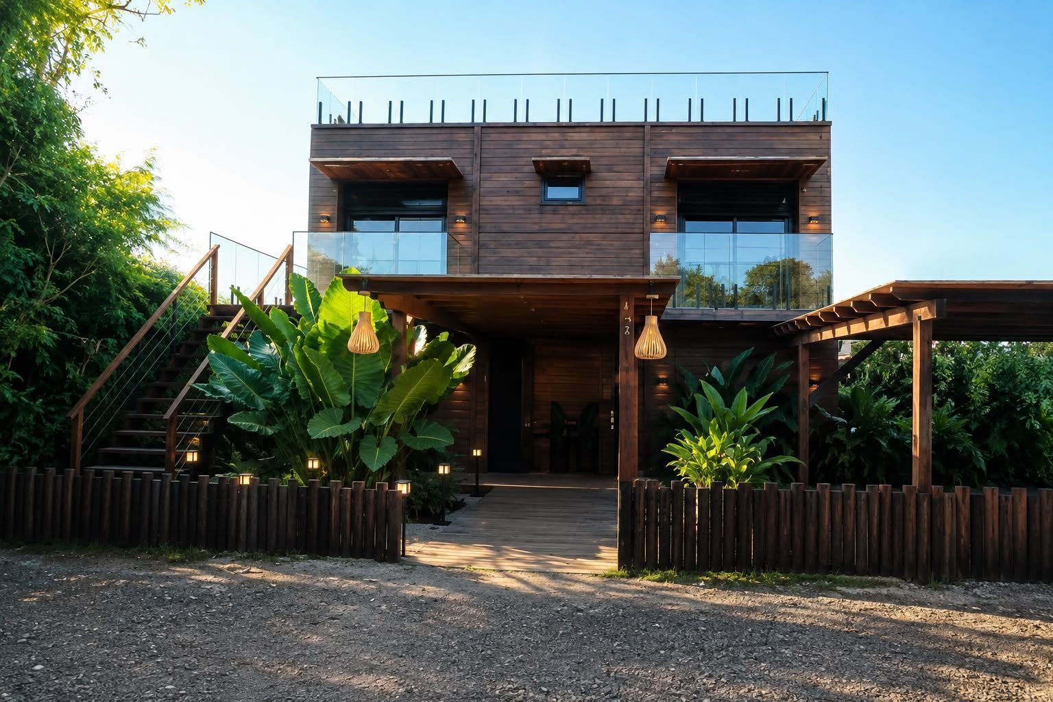 A modern two-story building with a wooden facade, large windows, and a covered entrance area.