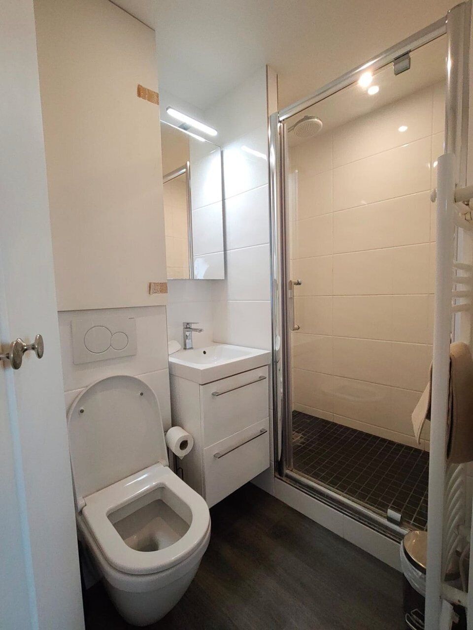 Une salle de bain avec des toilettes, un lavabo et une douche.