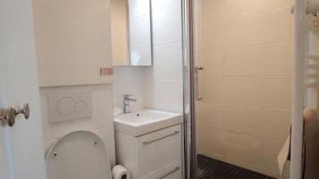 Une salle de bain avec des toilettes, un lavabo et une douche.