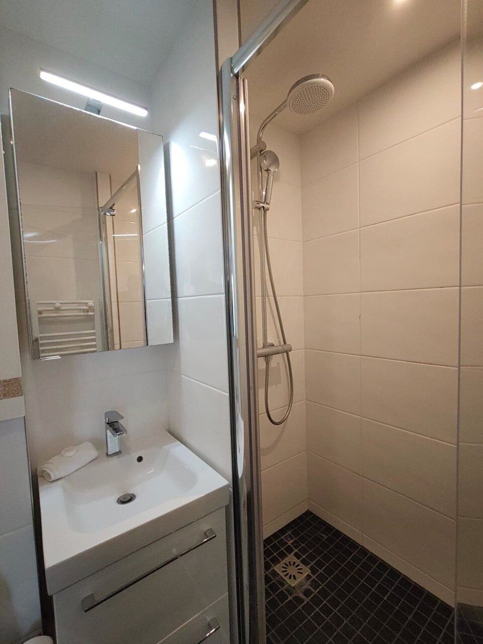 Une salle de bain avec une douche à parois de verre, un lavabo blanc avec un miroir et des murs carrelés.