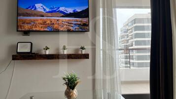 Una sala de estar con un televisor de pantalla plana montado en la pared, un estante de madera con plantas en macetas y vistas a un edificio a través de una ventana.