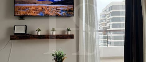 A living room with a flat-screen TV mounted on the wall, a wooden shelf with potted plants, and a view of a building through a window.