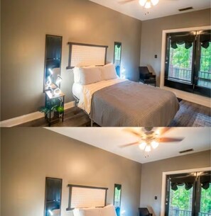 A bedroom with a bed, bedside tables, a ceiling fan, and a window with blinds.
