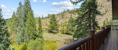 A wooden deck with a view of a mountainous landscape.