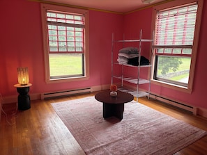 A room with pink walls, a metal shelving unit, a round table with a vase, and a rug.