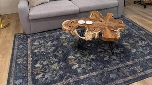 A living room with a grey sofa, a wooden coffee table, and a patterned rug.