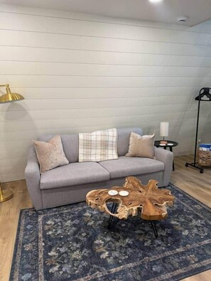 A living room with a grey sofa, a wooden coffee table, and a patterned rug.