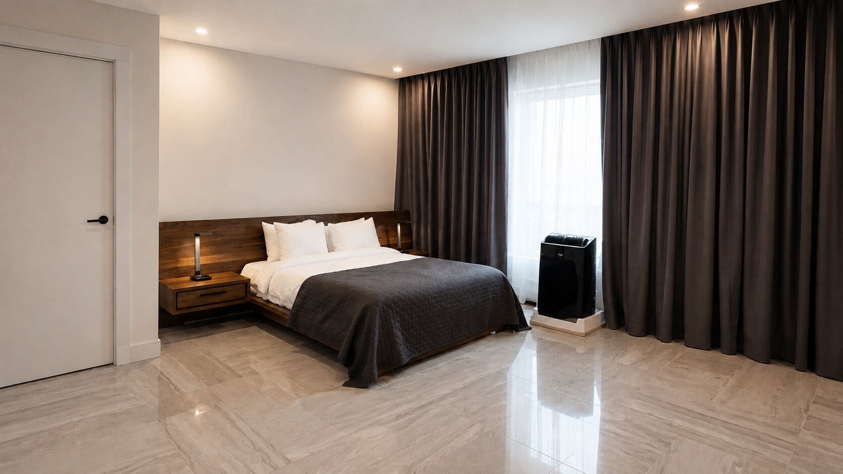 Une chambre d’hôtel moderne avec un grand lit, une table de chevet, une poubelle et une fenêtre avec des rideaux.