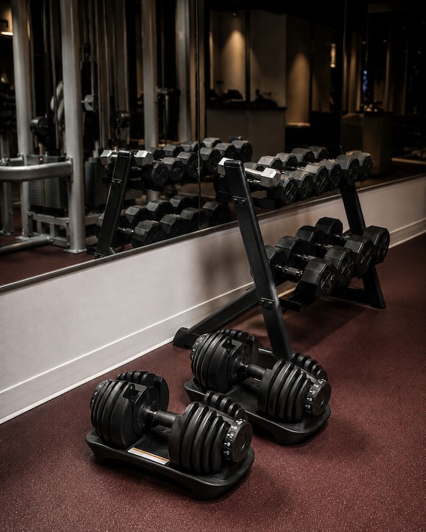 A gym with weightlifting equipment, including dumbbells and a bench. - Loft 1325 (Val-d'Or)