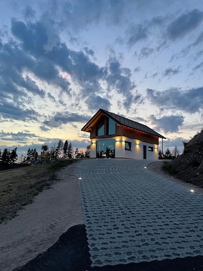 A modern house with a sloped roof, a paved driveway, and a natural landscape with trees in the background.