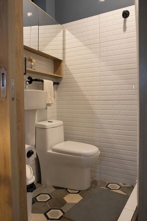 Un bagno con il WC, un lavandino e uno specchio.