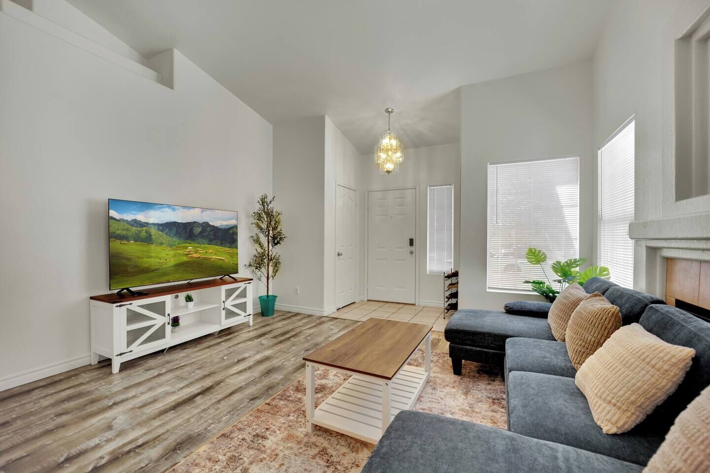 A living room with a flat-screen TV, a sofa, a coffee table, and a potted plant.
