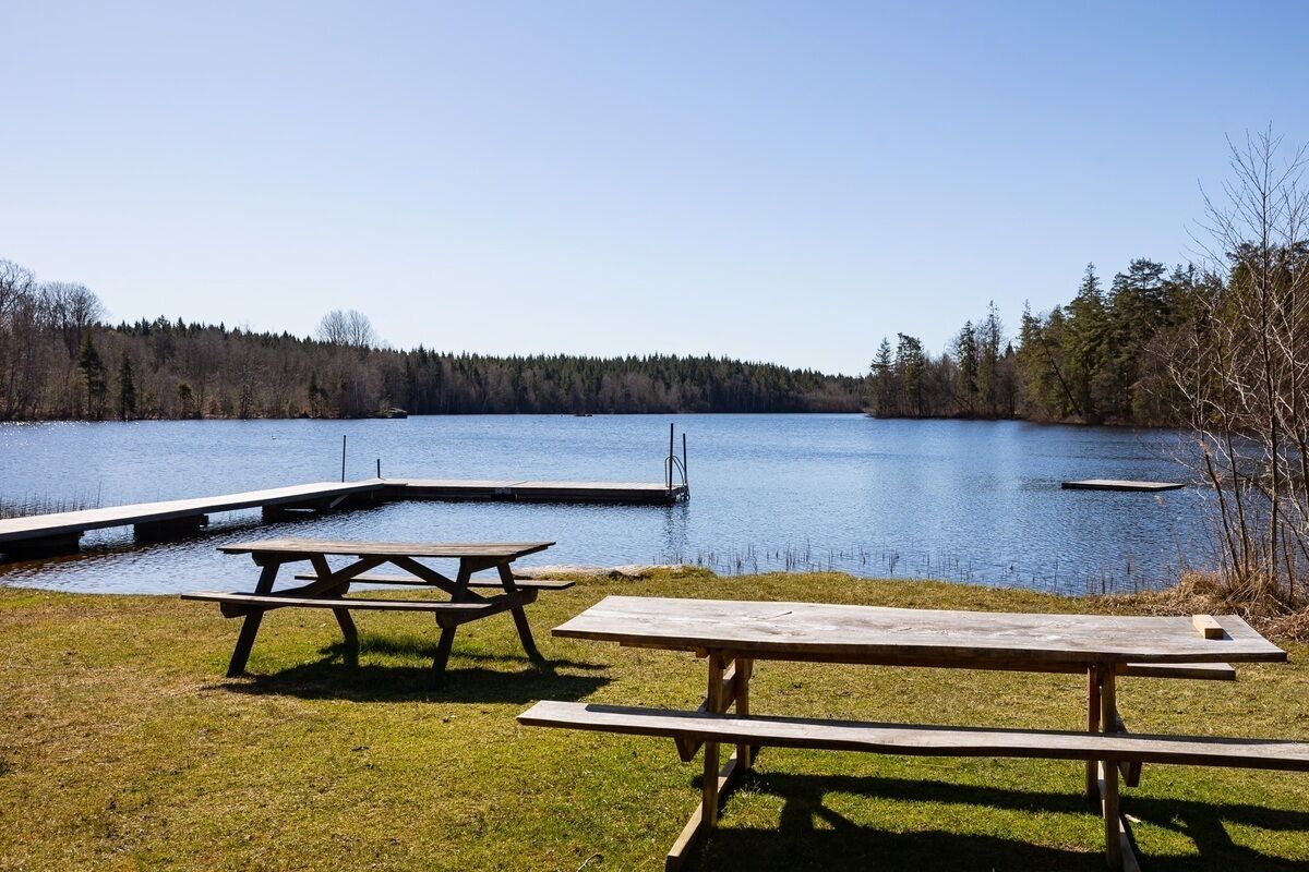 Ein Picknickplatz am Seeufer mit Holzbänken und einer anlegenden Anlegestelle.