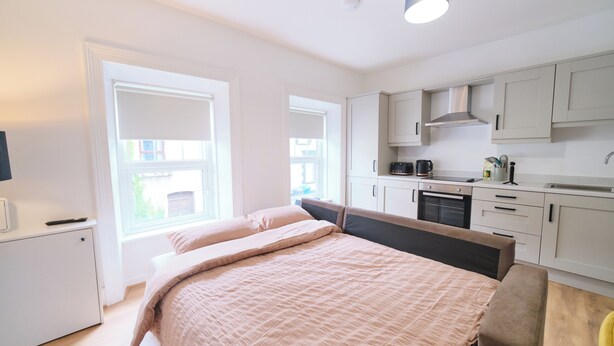 A bedroom with a bed and a kitchenette. - Violet and Co (Derry/Londonderry)