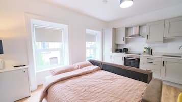 A bedroom with a bed and a kitchenette.