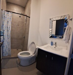 A bathroom with a shower, toilet, sink, and a mirror. - Amazing ocean view  2-bedroom beachfront condo with AC in charming Bejuco. (Bejuco)