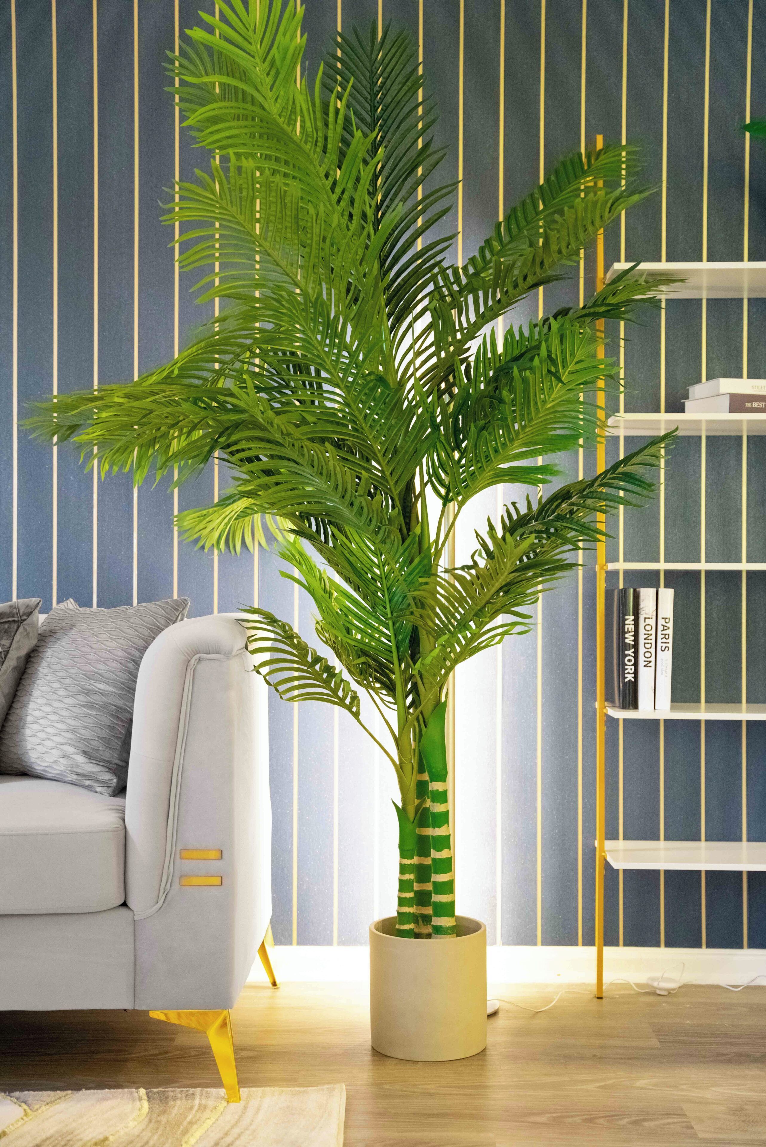 A room with a white sofa, a potted plant, a bookshelf, and a striped wall.