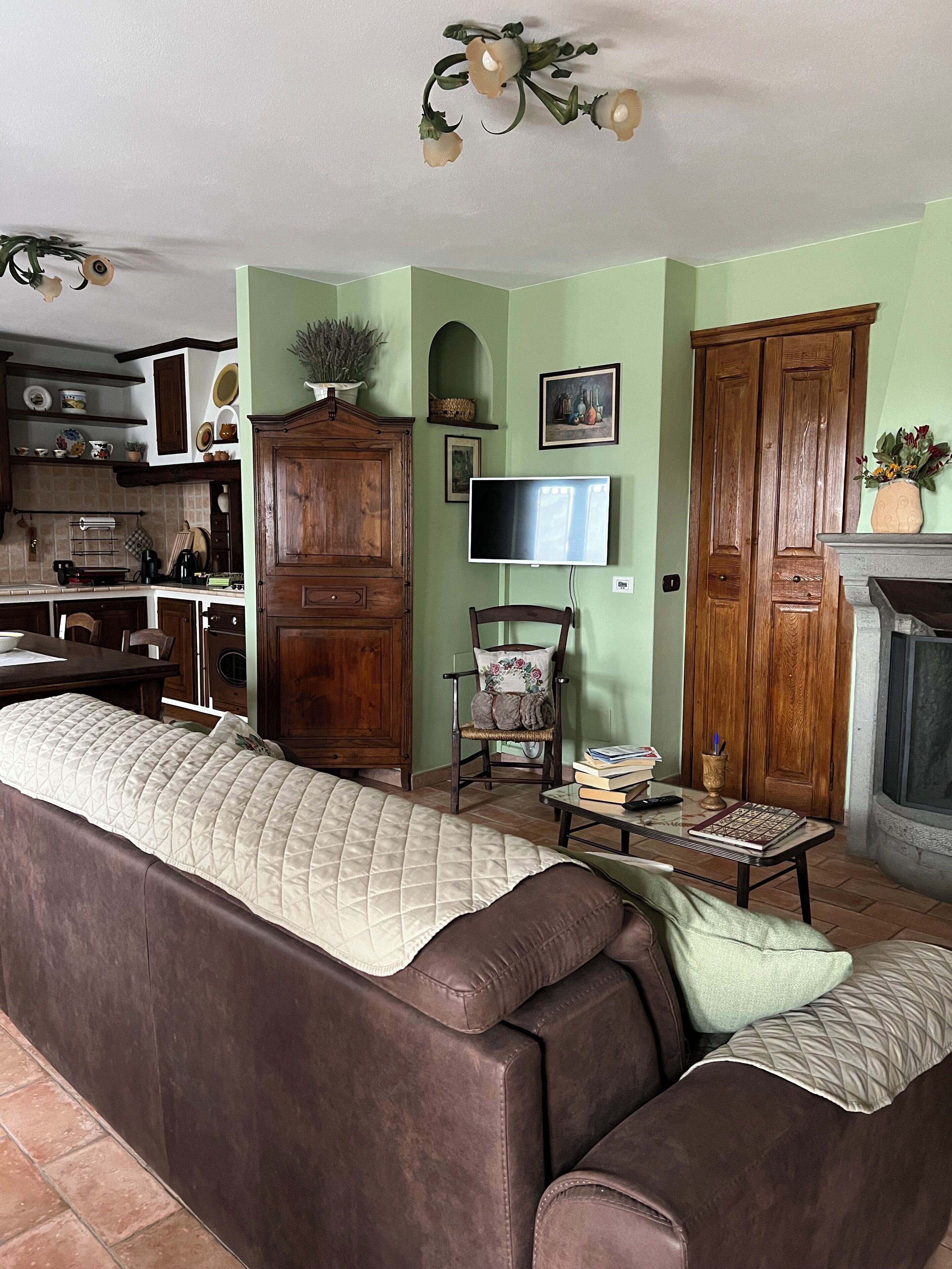 A living room with a brown sofa, a wooden cabinet, a television, and a fireplace.