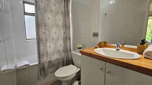 Un baño con inodoro, lavamanos y zona de ducha.