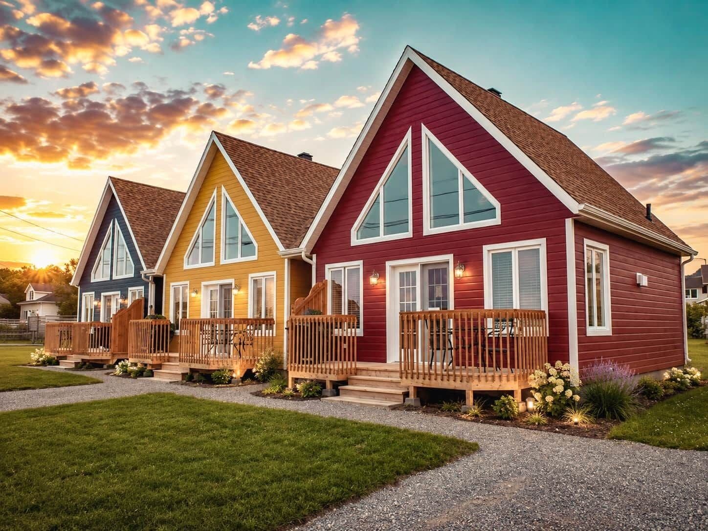 A row of three houses with distinct colors and a gravel driveway.