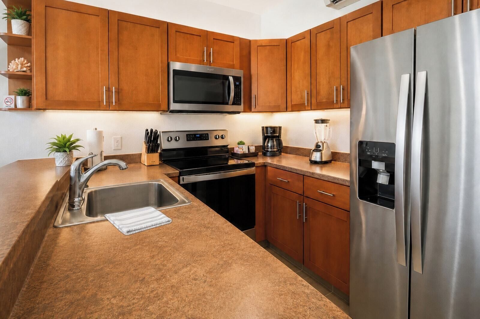 A modern kitchen with stainless steel appliances, wooden cabinets, and a granite countertop.