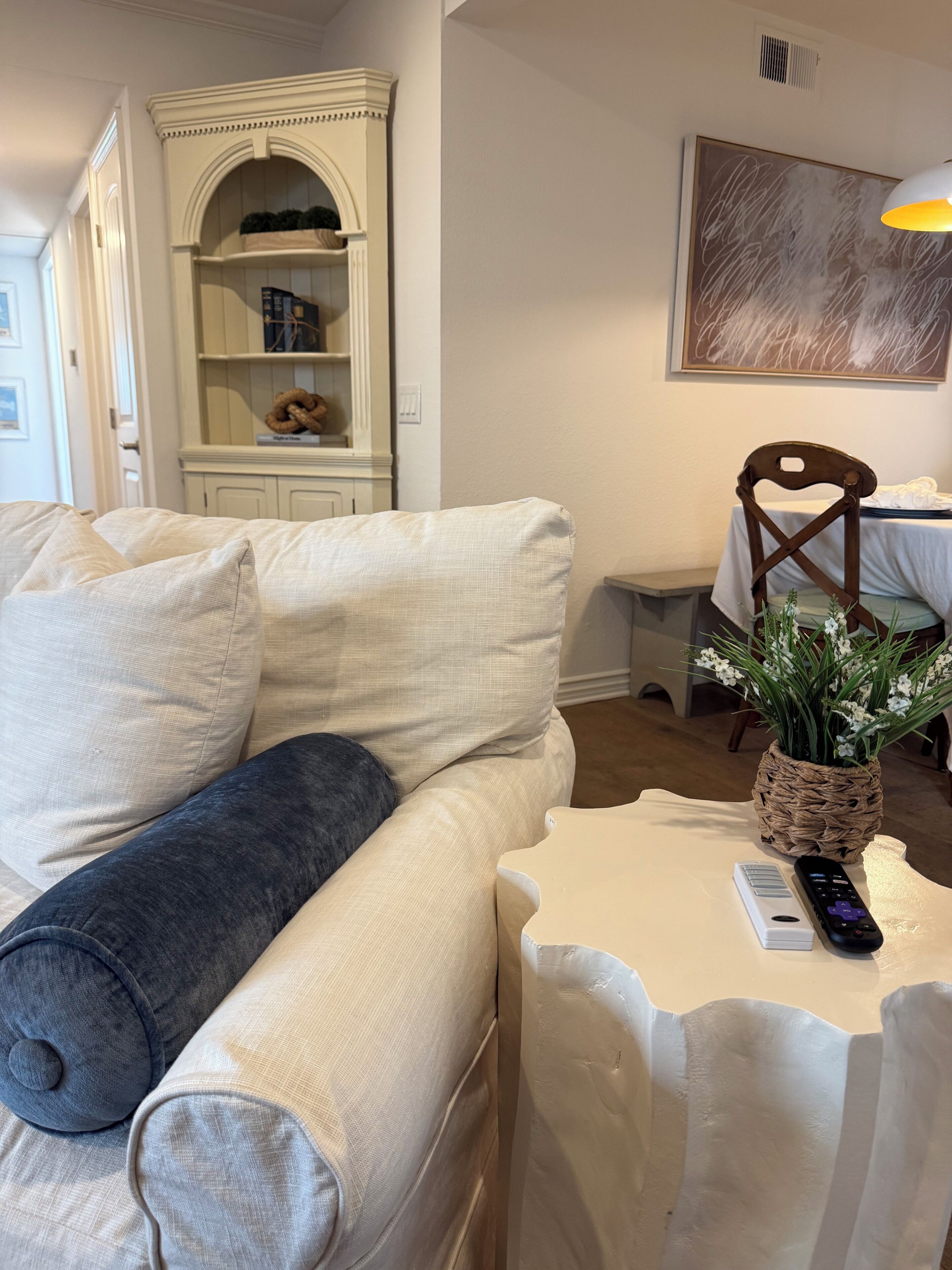 A living room with a sofa, a remote control, a decorative plant, and a wall-mounted artwork.