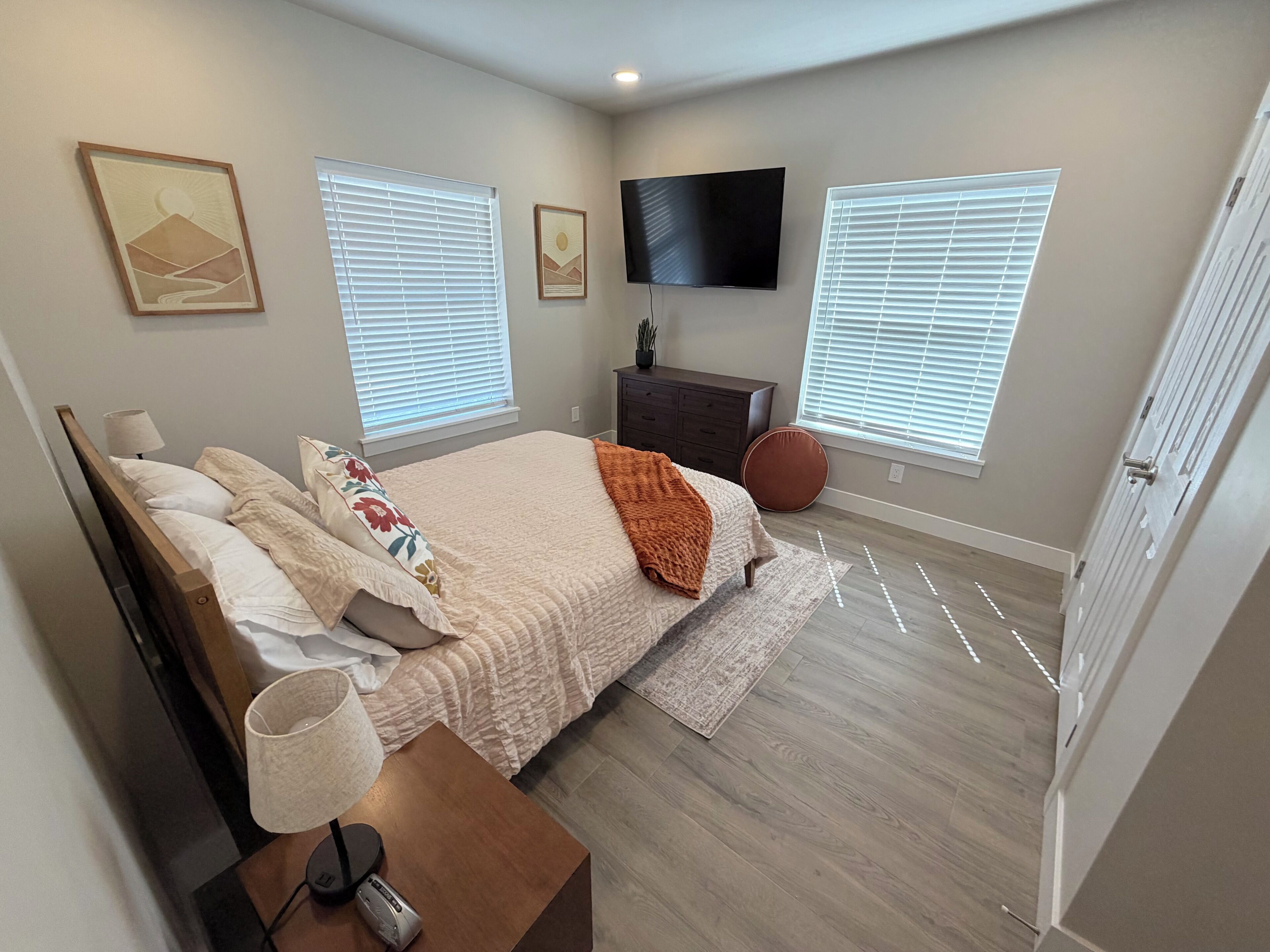 A bedroom with a bed, a TV, two windows, a dresser, and a round rug.