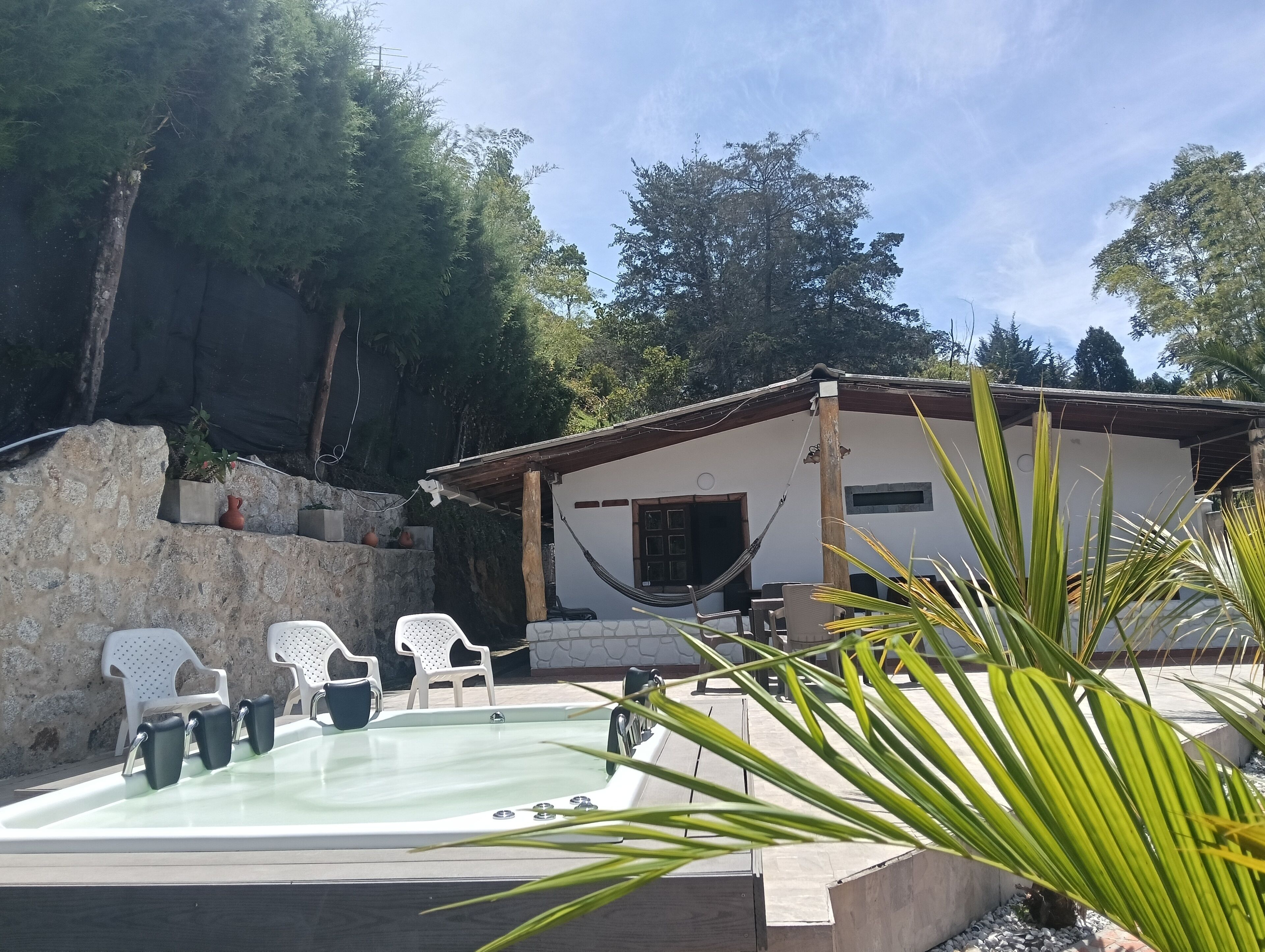 A swimming pool with lounge chairs, a hammock, and a stone wall.