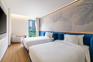 A hotel room with two beds, a large window, a view of palm trees, and a modern design. - AMÉRYS Hotel Phu Quoc (Phu Quoc)
