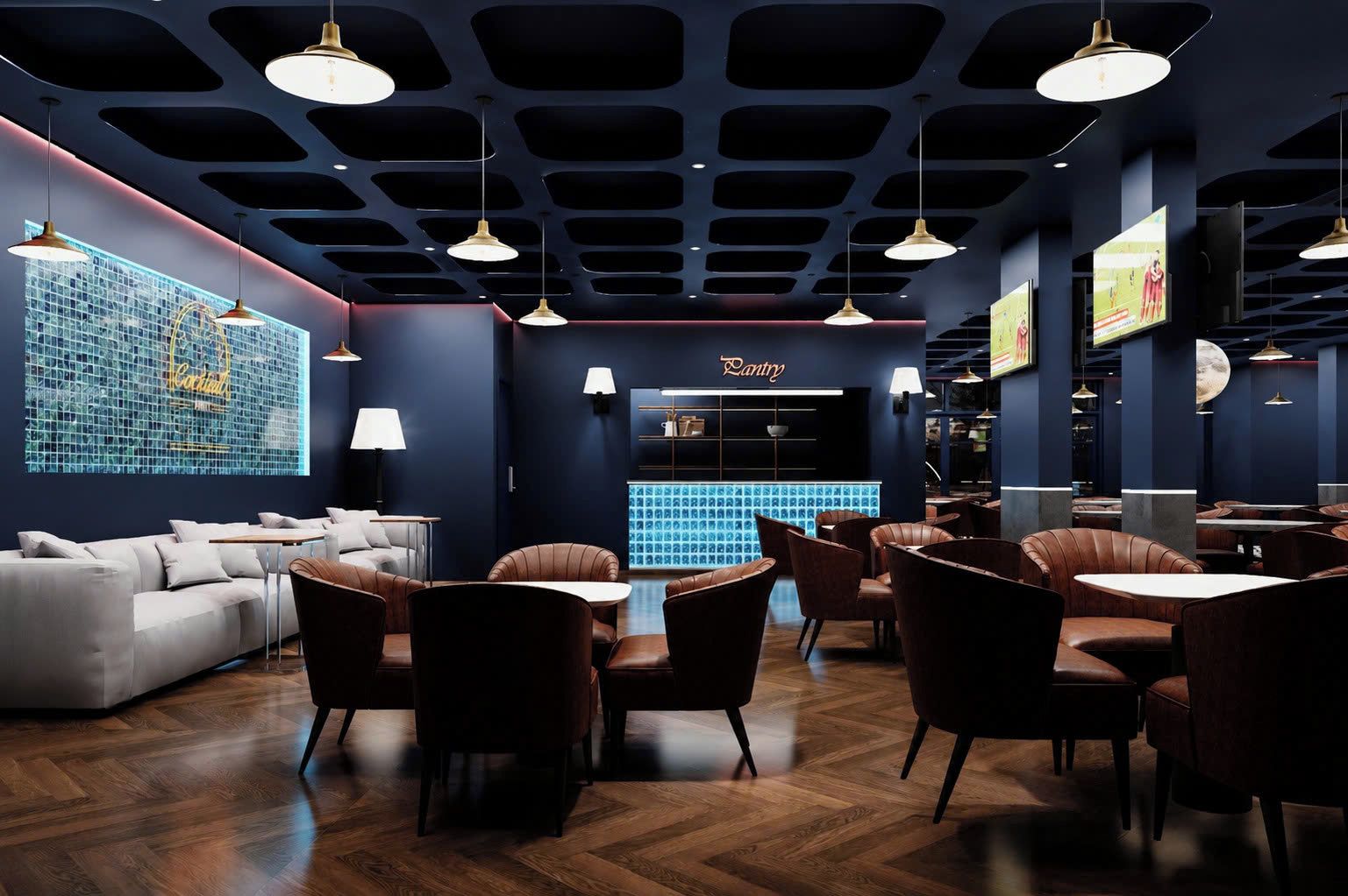 A modern restaurant interior with a dark color scheme, leather seating, and pendant lighting.