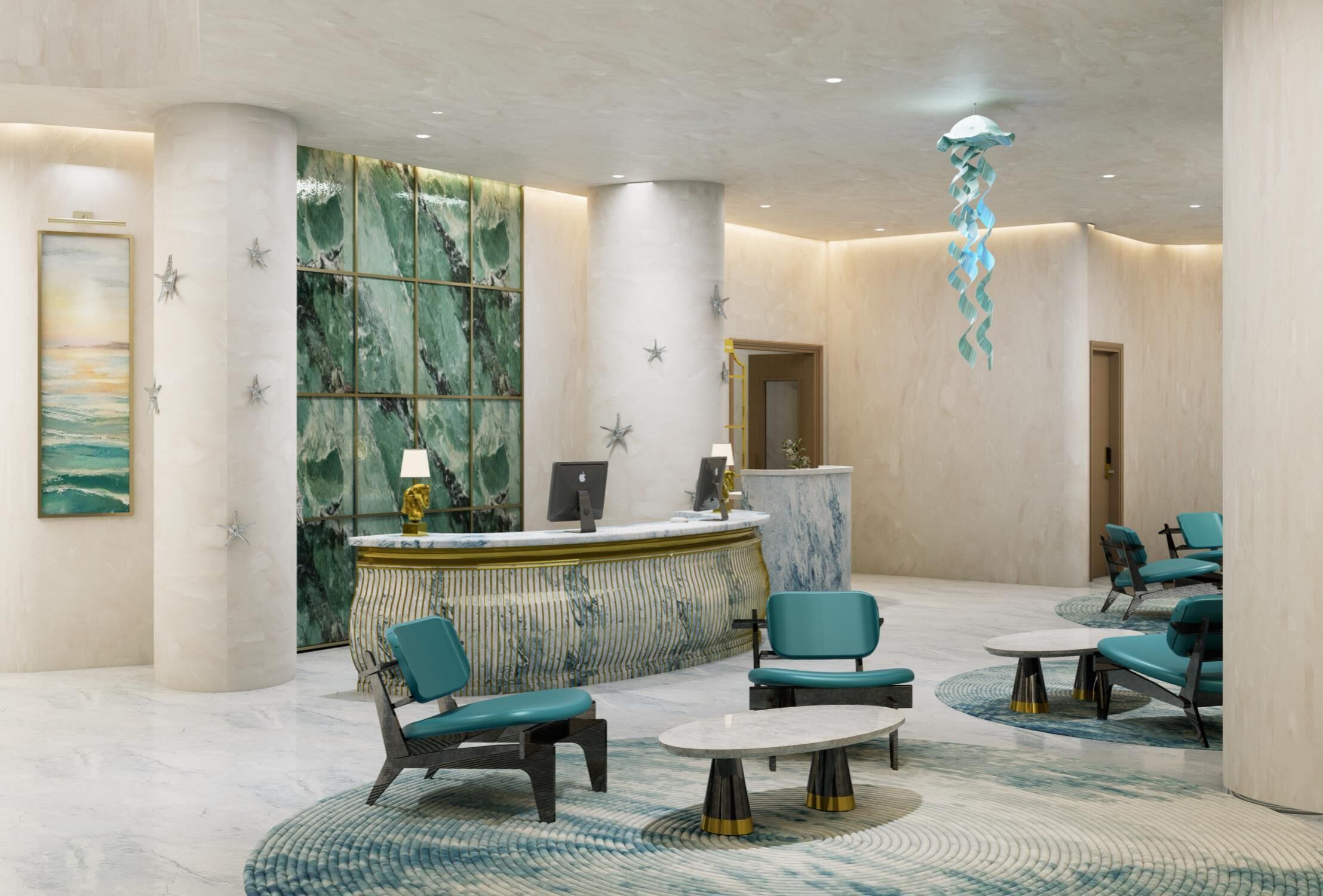 Un vestíbulo con mostrador de recepción, zona de estar y elementos decorativos.