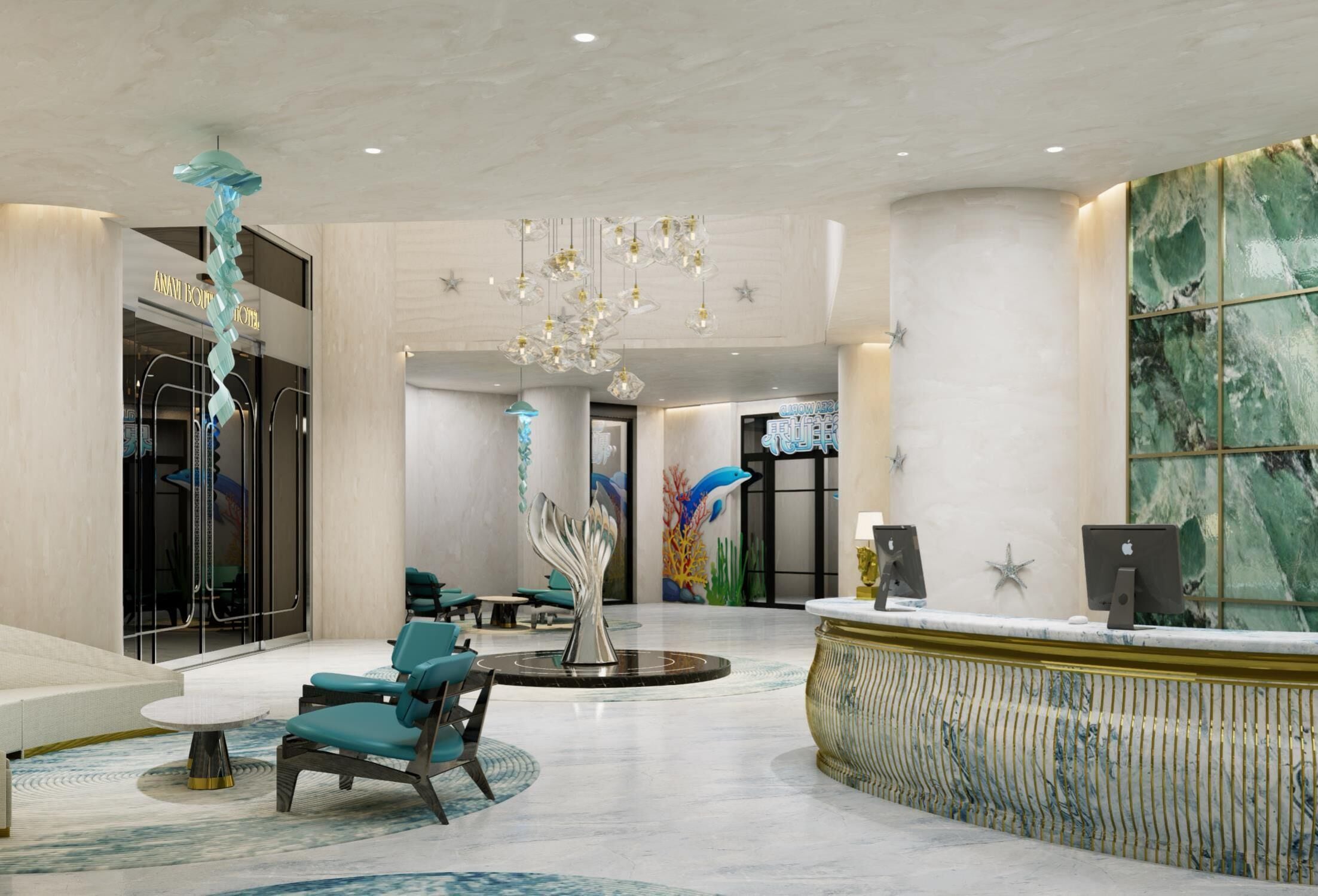 A lobby with a reception desk, seating area, and decorative elements like a sculpture and a mural.
