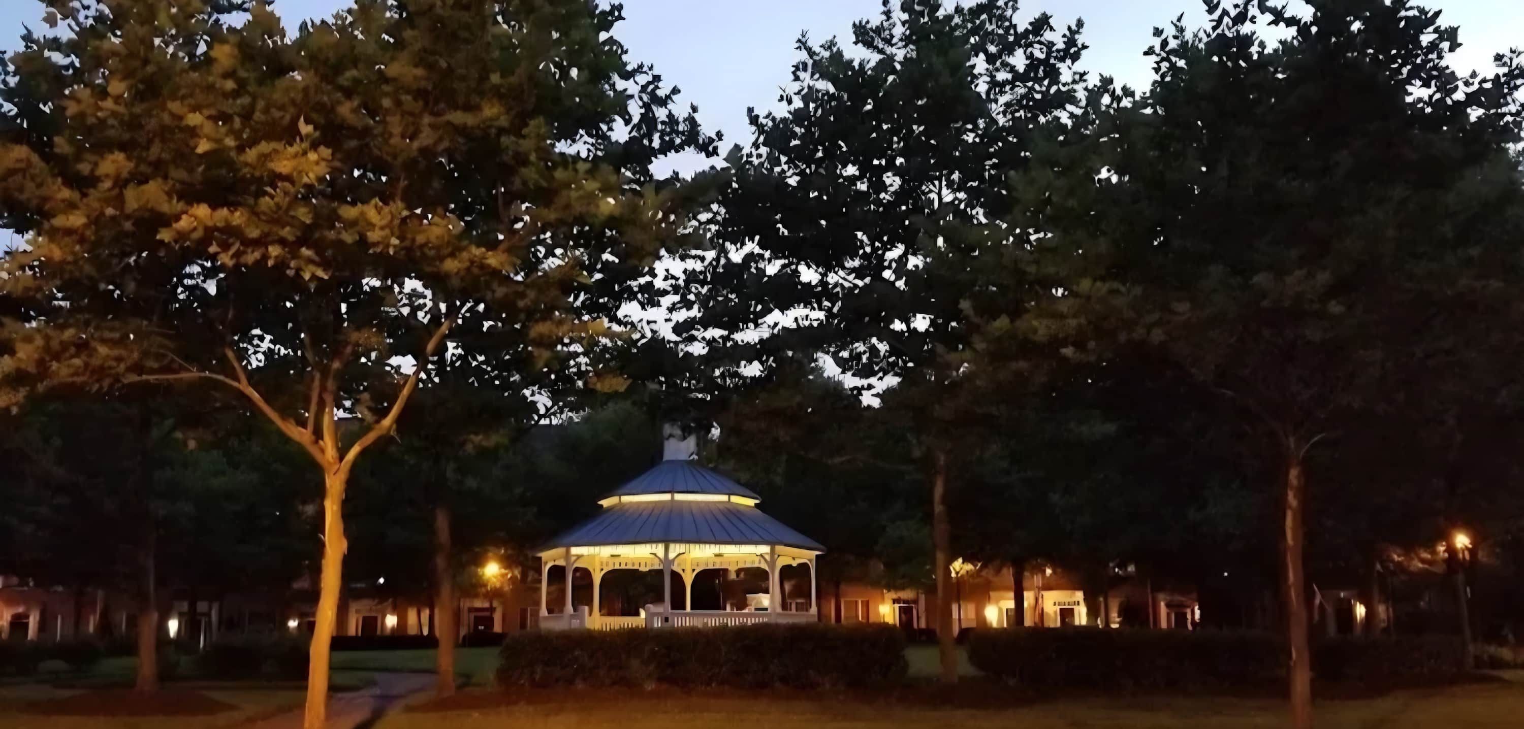 A gazebo with a dome roof surrounded by trees and pathways.
