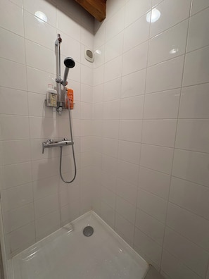 A small, tiled shower area with a handheld showerhead and a handheld hose.