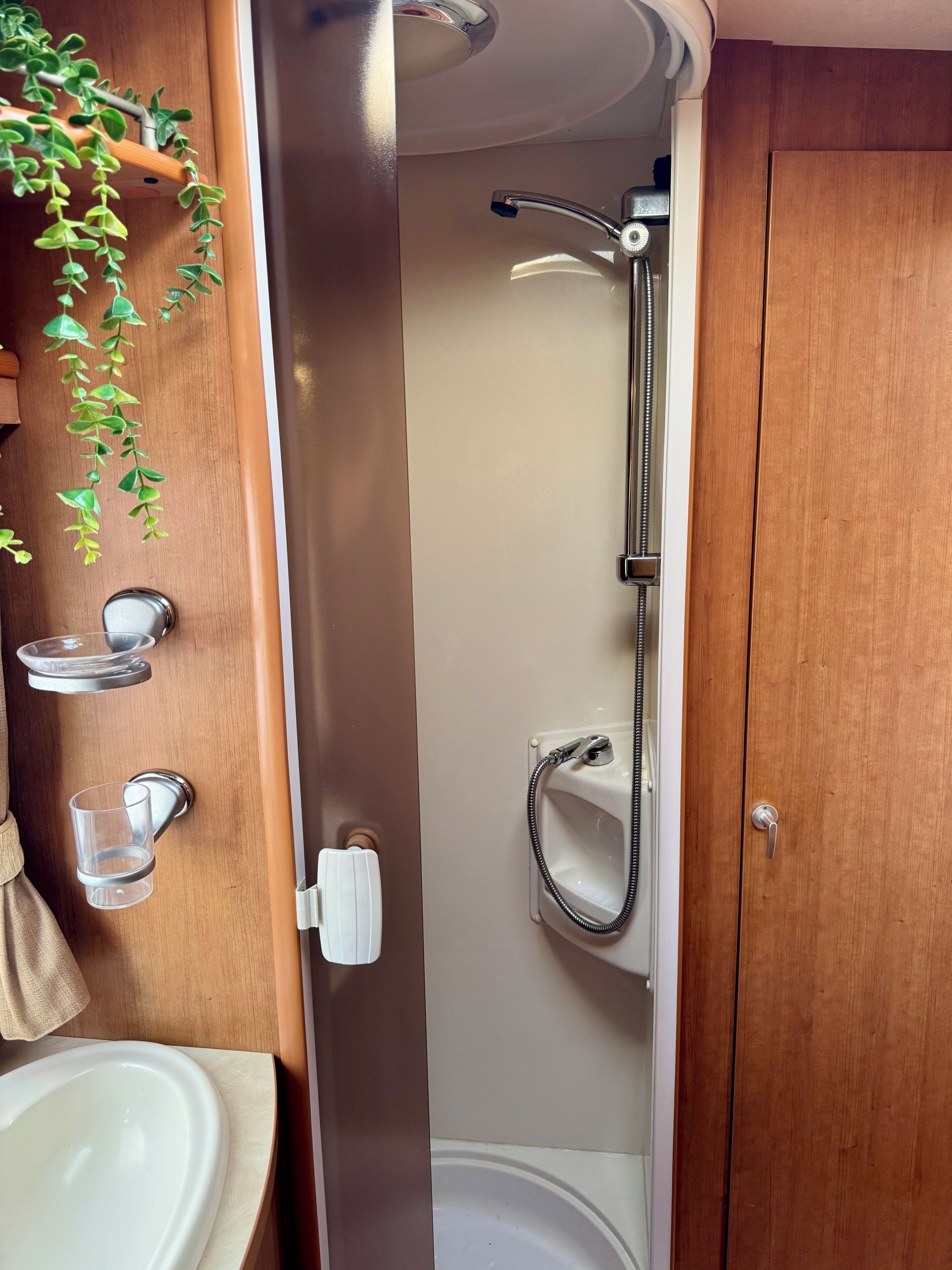 A bathroom with a shower, a sink, and a toilet.
