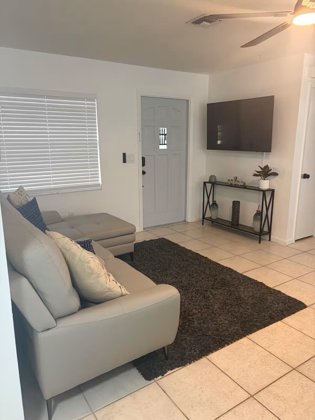 A living room with a sofa, a dark rug, a television, and a door.