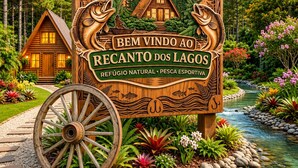 A wooden sign with a fishing theme, a wooden house, and a pond with fish.