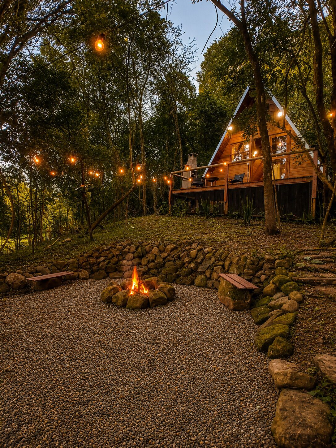 A wooden cabin with a stone fire pit surrounded by a gravel area, set in a forested environment.