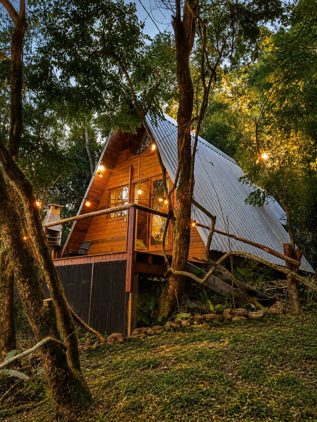 A wooden cabin with a sloped roof, surrounded by trees and a grassy area.