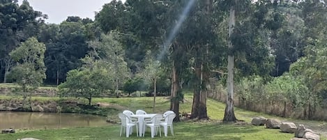 Un área con césped, rocas grandes, un estanque y sillas de plástico blanco dispuestas alrededor de una mesa.