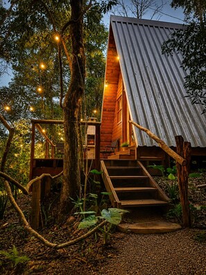 A wooden cabin with a metal roof, surrounded by trees and string lights.