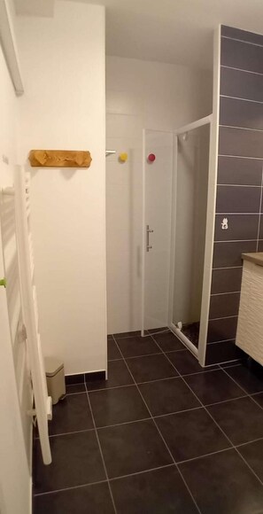 A bathroom with a shower, a toilet, and a sink. - 100m from ski slopes, Ground floor, terrace, parking, tv, 34m², Les Gets (Les Gets)