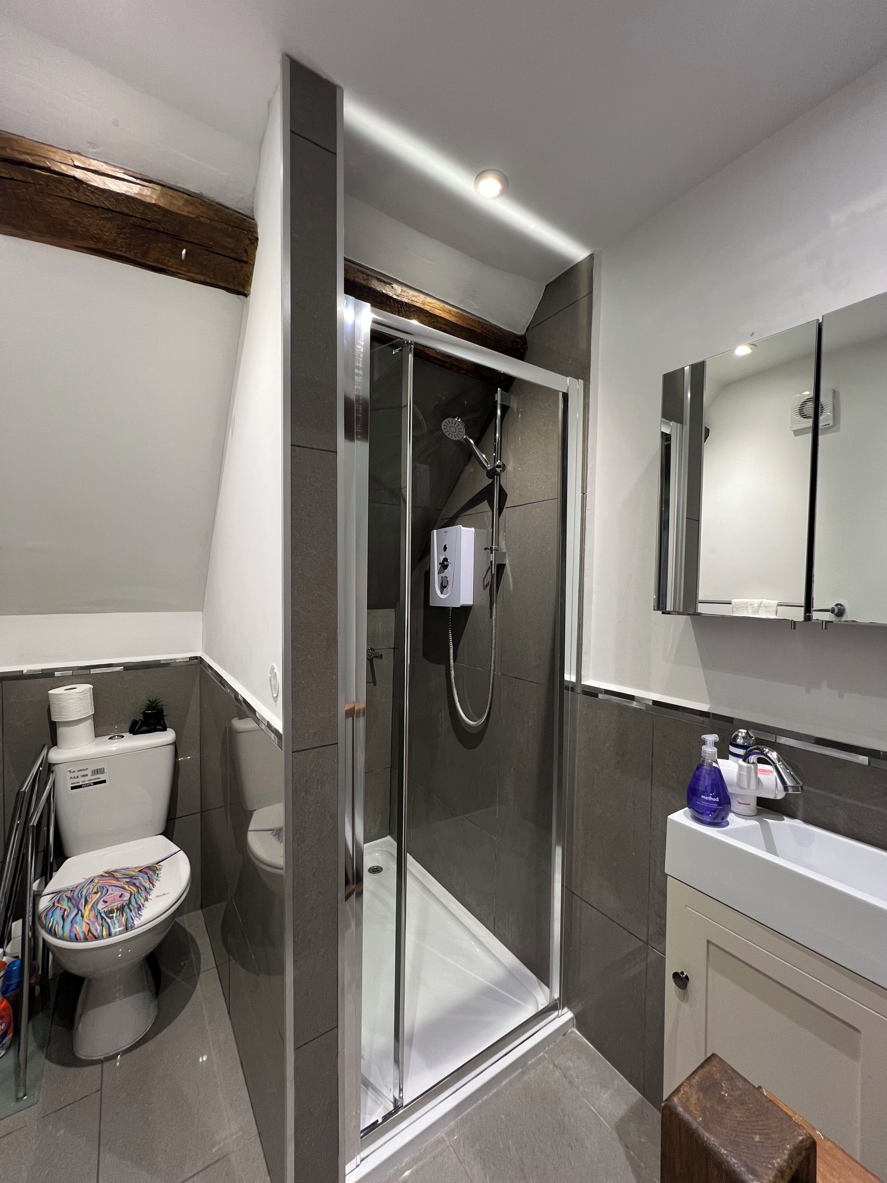 Hair dryer, towels, soap, toilet paper