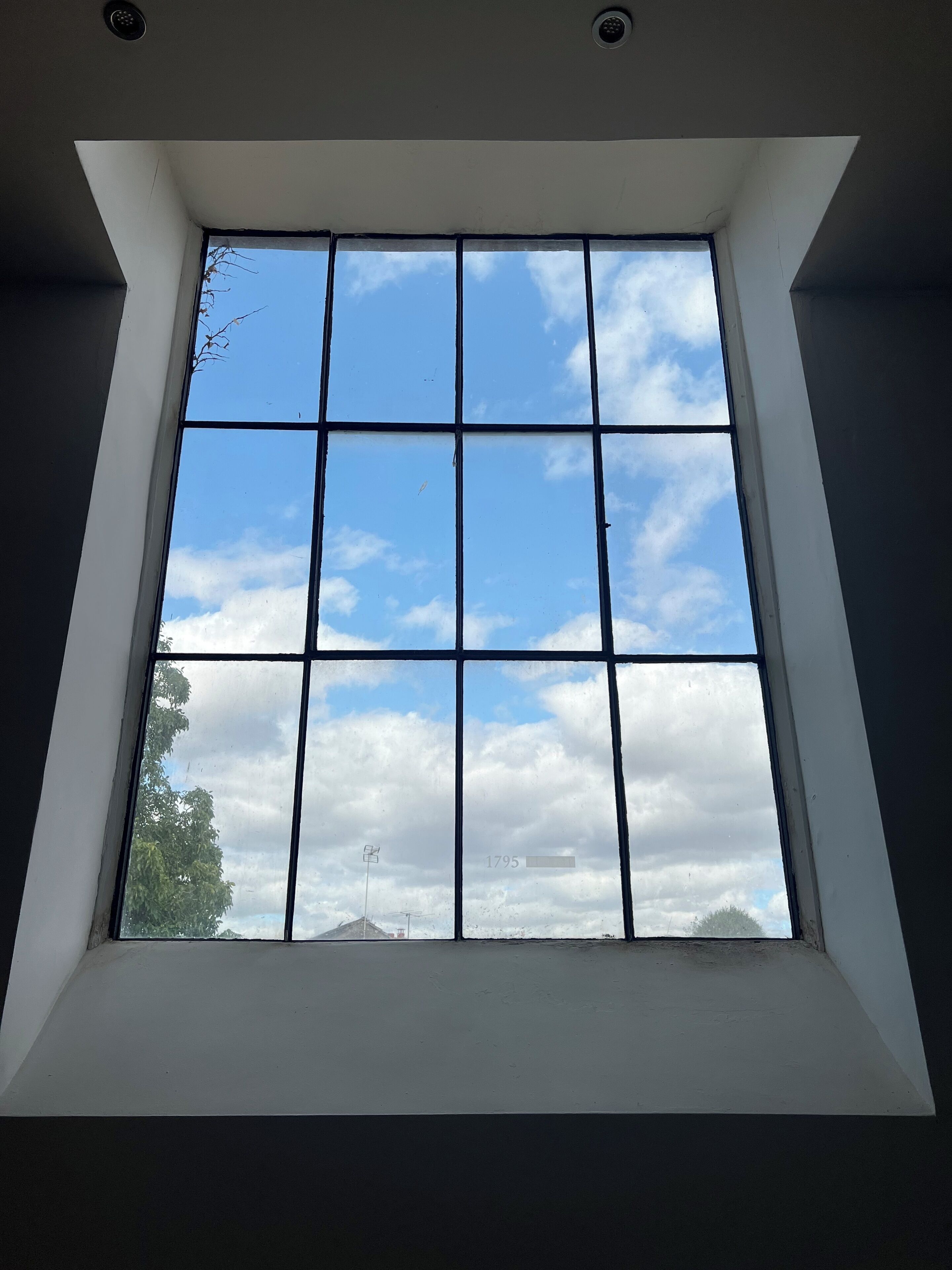 Una ventana con diseño de cuadrícula, cielo despejado y una vista distante de árboles y una edificación.