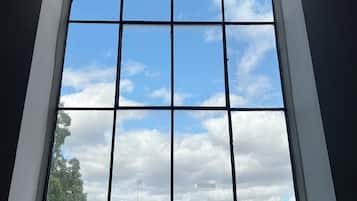 Una ventana con diseño de cuadrícula, cielo despejado y una vista distante de árboles y una edificación.